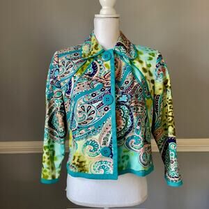 Harve Bernard Paisley Jacket Teal Green Button Front Statement Piece SMALL
